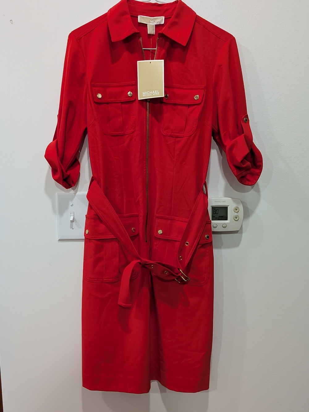 NWT MICHAEL KORS XS Utility Safari Shirt Dress Red Belted Roll Tab 3/4 Sleeve